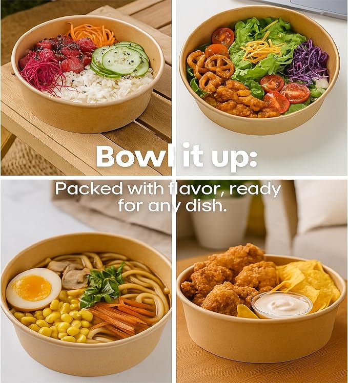 17oz Disposable Round Paper Bowls with Lid, 50 Sets Deli Containers Box Spillproof Acai Bowls, To Go Salad Bowl for Lunch Meal, Paper Meal Prep Box for Soup Toppings Snack Camp Family - Image 3