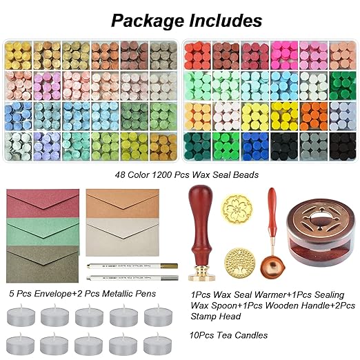Wax Seal Stamp Kit with Gift Box,48 Color 1200 Pcs Sealing Wax Beads with 2 Pcs Seal Stamp,Warmer,Spoon,Metallic Pen and 10Pcs Tea Candles for Wedding Invitations Wrapping Christmas Letters