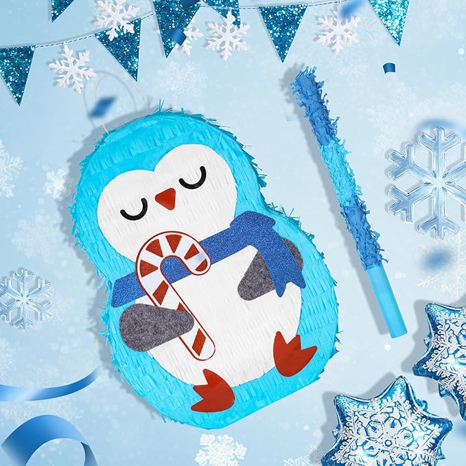 Cute Penguin Pinatas Bundle with a Blindfold and Bat (Small Size 16.5x12x4 Inches), Perfect for Winter boys and girls Birthday Party Supplies, Christmas Party Decoration Games for Kids Party