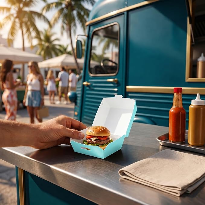 Restaurantware 2.5 x 2.5 x 2 Inch Mini Burger Boxes 100 Clamshell Food Containers - Hinged Lid Disposable Turquoise Paper Take Out Boxes Serve Sliders Or Finger Foods - Image 5