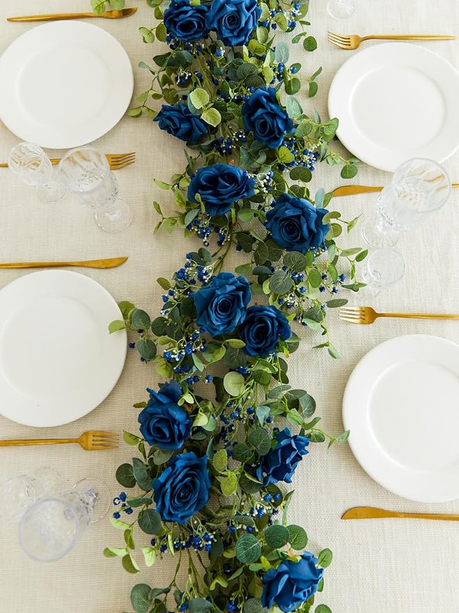 Anna's Whimsy 5.91FT Artificial Eucalyptus Garland with Flowers, Fake Rose Gypsophila Garland, Faux Floral Garlands for Wedding Spring Home Party Craft Art Table Runner Decor (Blue, 1) - Image 4
