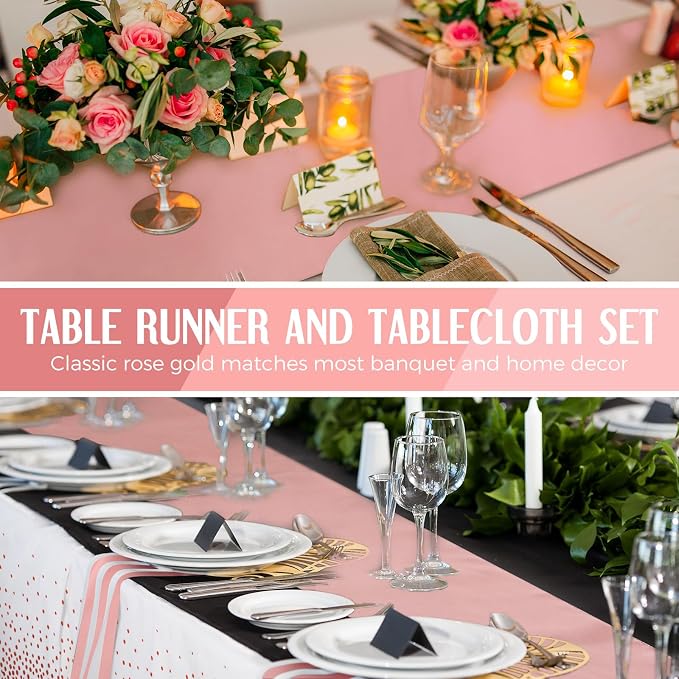 8 Pack White and Rose Gold Tablecloths and Satin Runners Set | 54x108 Inch Disposable Tablecloth and 12x108 Inch Satin Runners for Wedding Birthday Party Baby Shower Christmas New Year - Image 5