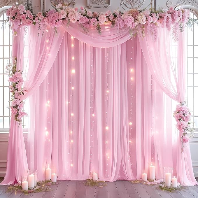 20ft x 8ft Pink Backdrop Curtain with Lights String for Parties, Sheer Tulle Wedding Photo Backdrops Drapes for Baby Shower Birthday Party Decorations Background for Photography - Image 3