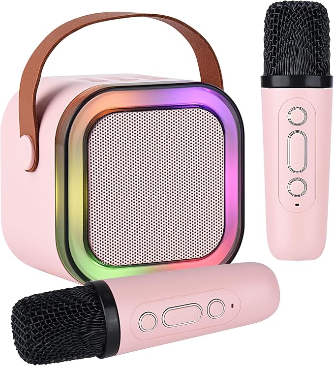 Karaoke Machine for Kids Adults, Mini Portable Bluetooth Karaoke Speaker with 2 Wireless Microphone and Lights,Toys for All Smartphones,Birthday, Family,Home Party Pinkcolor