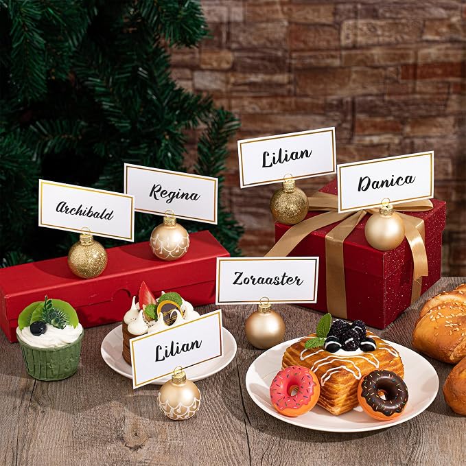 Civaner 24 Pcs Christmas Ornament Place Card Holders and Name Cards Set | Gold Glass Ball Table Number Stand, Sign Holder for Xmas Winter Wedding Anniversary Birthday Party, 1.6 Inch - Image 4