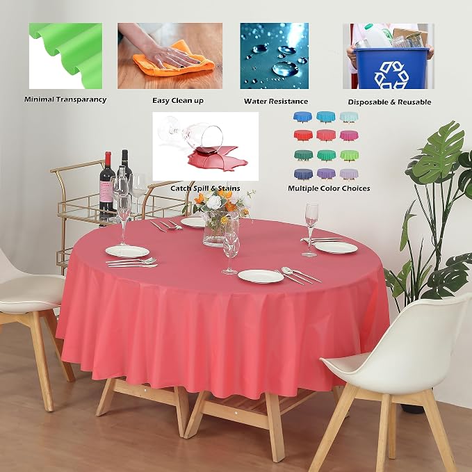 Evershine Case of 72 Pack Bulk Heavy Duty Coral Round 84" Plastic Table Covers Tablecloth (Reusable) (Round 84", Coral) - Image 2