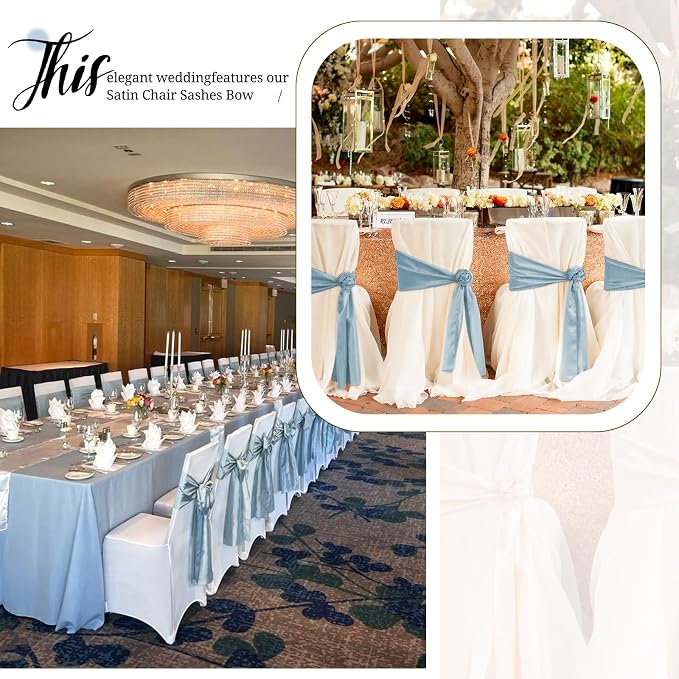 Pesonlook 50 Pcs Dusty Blue Satin Chair Sashes Ties, 7×108inch | Satin Chair Sashes Bows Chair Cover Back Tie Supplies for Wedding Reception Events Banquets Party, Hotel Event, Chairs Decor - Image 6