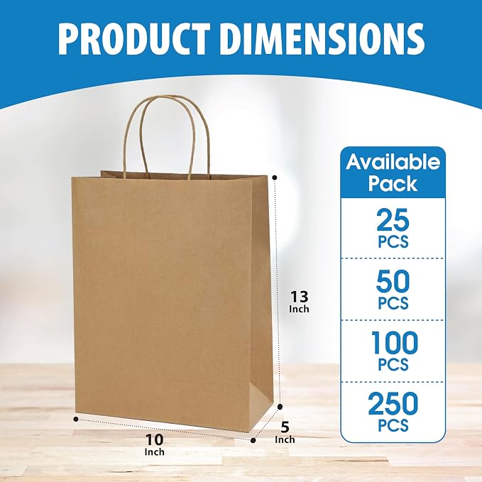 Excellent 10x5x13 Brown Kraft Paper Shopping Bags, Merchandise, Retail Bags, Party Favor Gift Bags, Large Paper Sacks with Handles available in Packs of 25/50/100/250CT (25) - Image 2