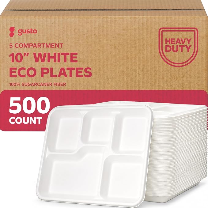 GUSTO 100% Compostable Sugarcane Paper Plates, Heavy Duty, Eco-Friendly, Biodegradable - White, 10 Inch, 5 Compartment, 500 Count by GUSTO