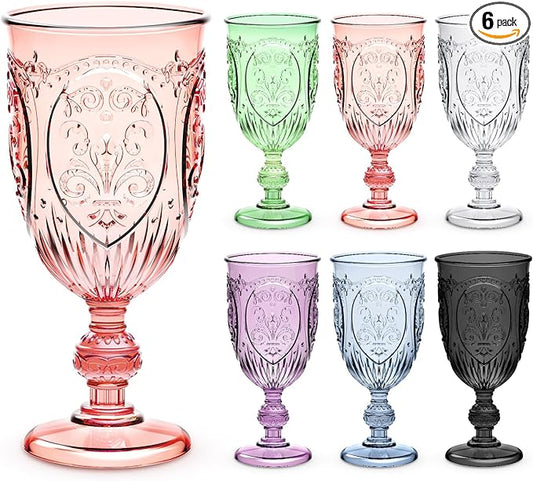 6 Pcs Plastic Goblets 7.5oz Vintage Goblet Plastic Wine Glasses Colored Retro Embossed Water Goblets for Wine Bar Juice Baby Shower Wedding Reception Grand Event Party (Multicolor)