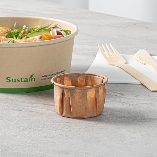Restaurantware-Sustain 2 Ounce Portion Cups, 100 Disposable Condiment Cups - Compostable, Versatile, Kraft Paper Sample Food Cups, Stylish, For Serving Dips, Jams, Sauces, Nuts, And More - Image 4