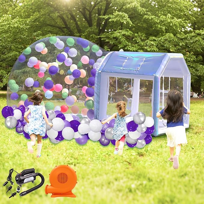 10ft Inflatable Bubble House Dome with Tunnel for Kids, Clear TPU Balloon Tent for Parties, Includes 450W Air Blower & 600W Air Pump