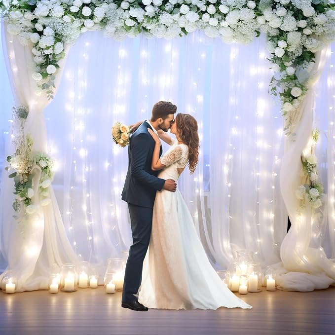 White Backdrop Curtains with Lights String for Wedding Parties 10×10ft Sheer Tulle Backdrop Curtain for Bridal Shower Baby Shower Birthday Party Photo Shoot Background Decorations(2 Panels 10ft×10ft) - Image 3