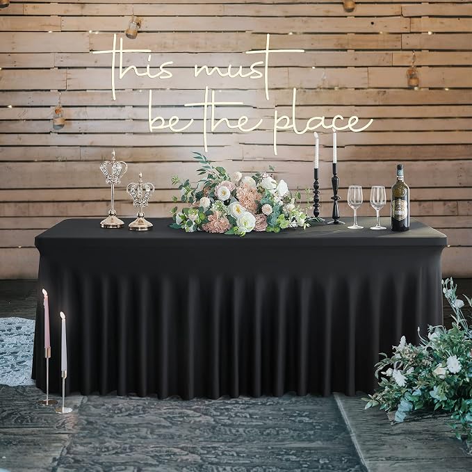 Outpain 2 Pack Black Table Clothes for 8 Foot Rectangle Tables, One-Piece Wrinkle Resistant Stretch Spandex Table Covers with Skirt for Event Banquet Wedding Birthday Party - Image 3