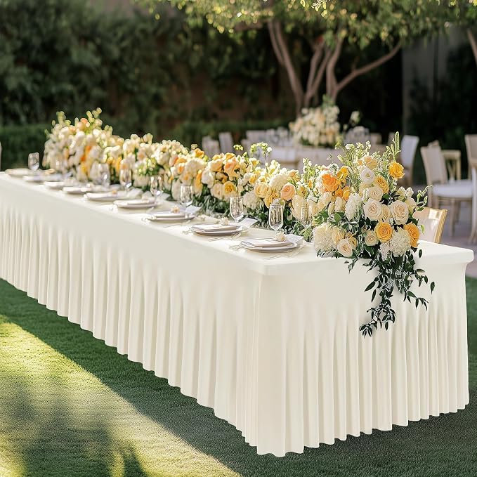 leegleri 2 Pack Ivory Spandex Fitted Table Clothes for 8 Foot Rectangle Tables, Wrinkle Free 8ft Spandex Table Cover with Skirt for Banquet Weddings Parties - Image 7
