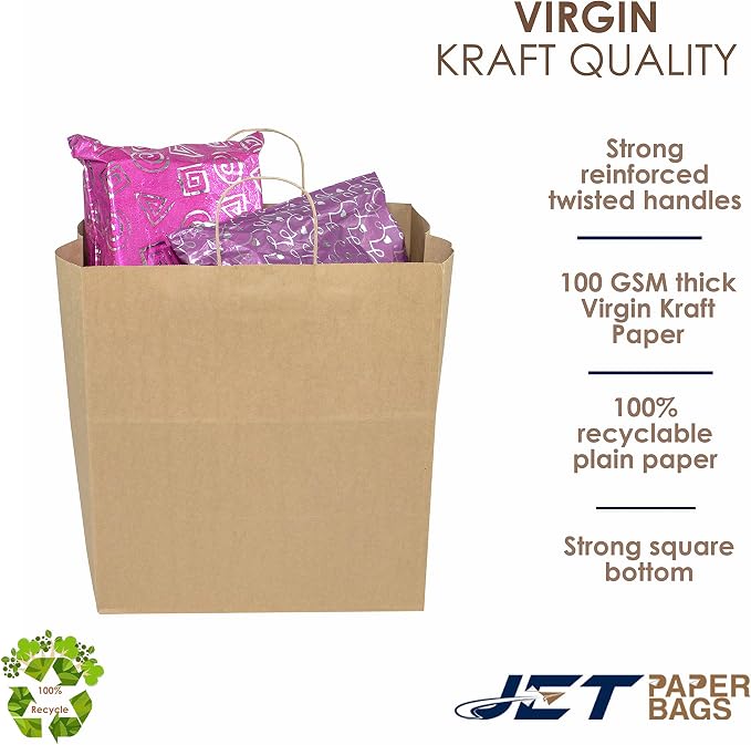 JET PAPER BAGS - 14”x9.5”x15.5” Inch [50 Pcs] Large Brown Paper Bags with Handles Prime for Takeout, Grocery, Goody, Retail, Party, Gifts, Weddings - Recyclable Kraft Paper Gift Bags with Handles - Image 6
