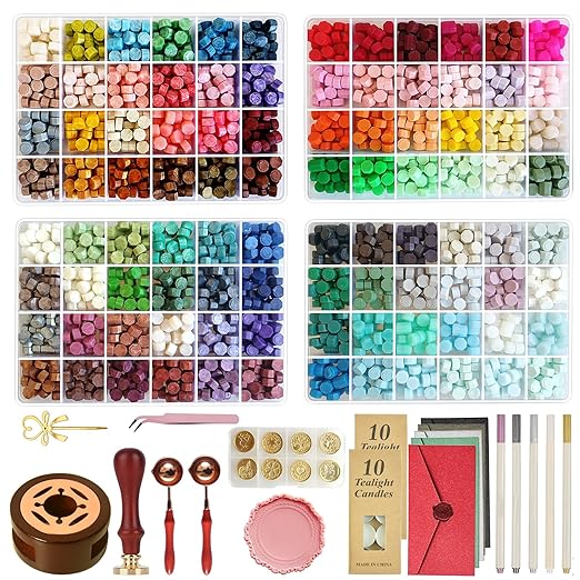 96 Colors Wax Seal Stamp Kit,2400Pcs Sealing Beads,All in one Wax Seal Kit with Sealing Stamps, Warmer,Spoon,Envelopes,Candles,Metallic Pen,for Wedding Invitations Wrapping Christmas Letters
