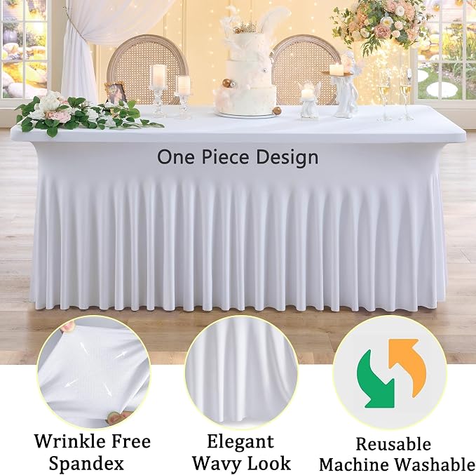 4 Pack White Spandex Tablecloths for 6 Foot Rectangle Tables, Wrinkle Free Stretchy Table Cloths 6ft Fitted Table Cover DeskSkirt for Weddings Birthday Party Banquet Baby Shower - Image 3