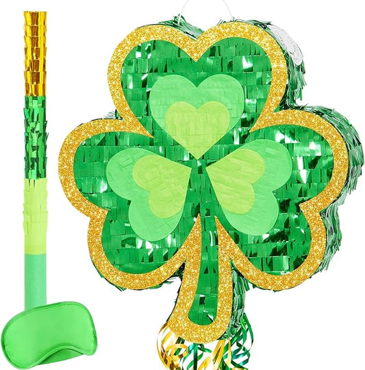 WERNNSAI St Patricks Day Pinata - St Patricks Day Party Game Green Shamrock Decorations for Festival Celebrations Supply Summer Lucky Charm Decor with Bat Blindfold