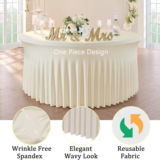 6 Pack Ivory Spandex Round Tablecloths for 60 inch Table, Wrinkle Free 120inch Stretchy Fitted 5FT Round Table Cloths Cover with Skirt for Wedding Party Dining Banquet - Image 4