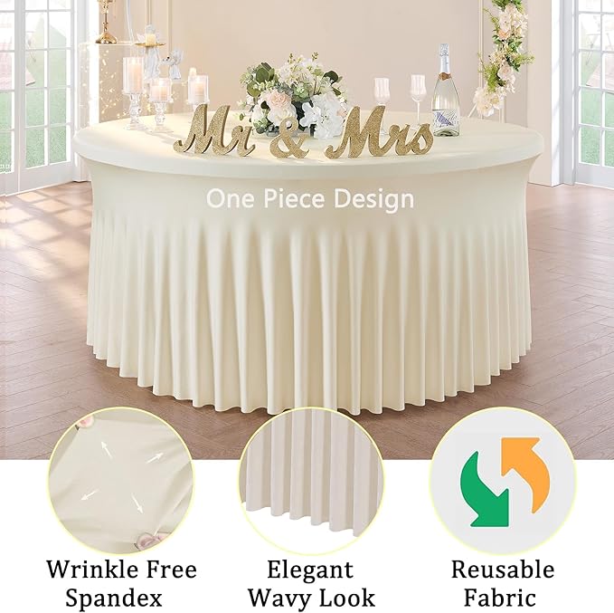 6 Pack Ivory Spandex Round Tablecloths for 72inch Table, Wrinkle Free 132in Stretchy Fitted 6ft Round Table Cloths Covers with Skirt for Wedding Birthday Parties Banquet Events - Image 4