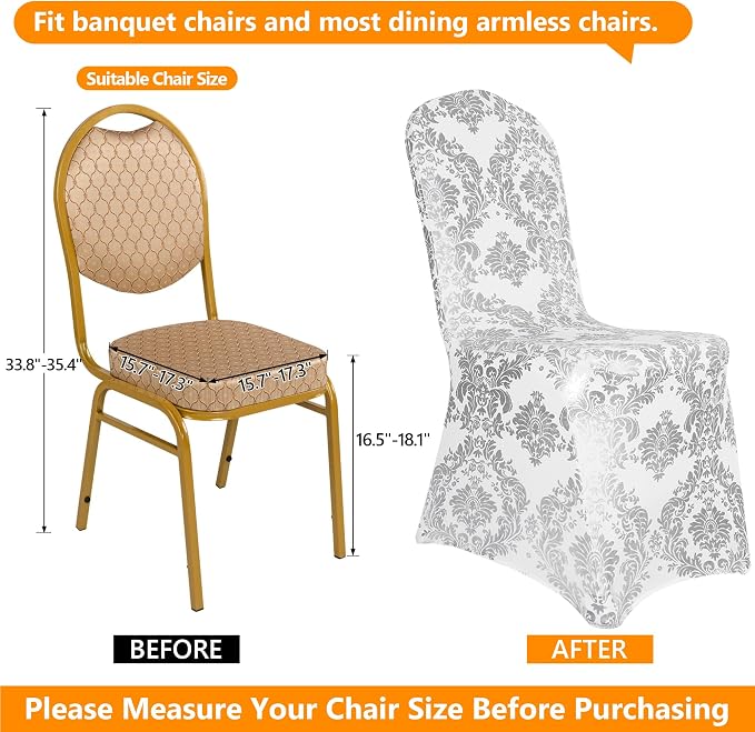 Silver Chair Covers Foil Floral Print, Stretch Fit, 20 Pack | Spandex, Washable, Anti-wrinkle, Armless 4-Leg Chair, Folding Chair Cover, Dining Chair Slipcover for Party Wedding Banquet - Image 2
