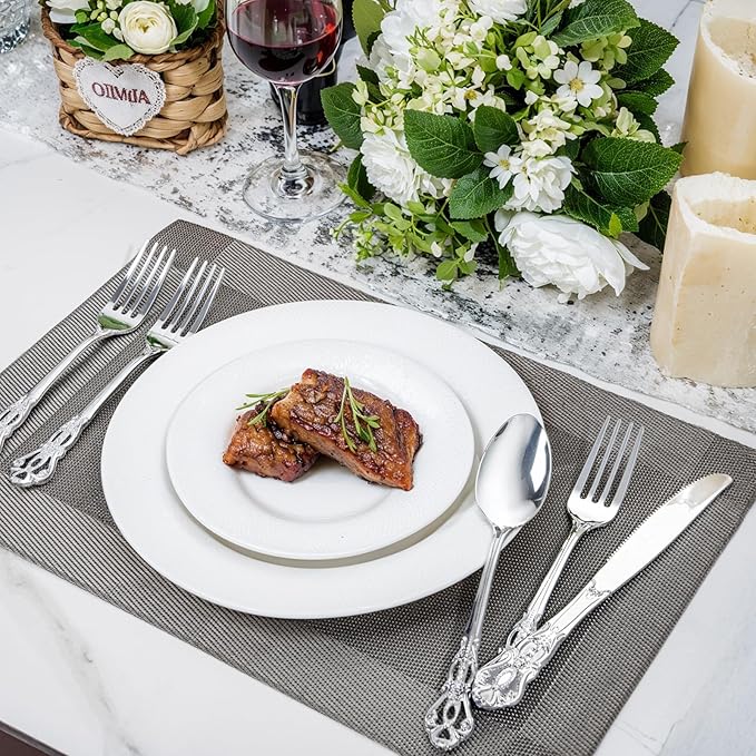 300Pieces Silver Plastic Silverware - Heavy Duty Silver Disposable Utensils - Vintage Plastic Cutlery Set Includes 100 Forks, 100 Spoons, 100 Knives for Dinner Parties Weddings