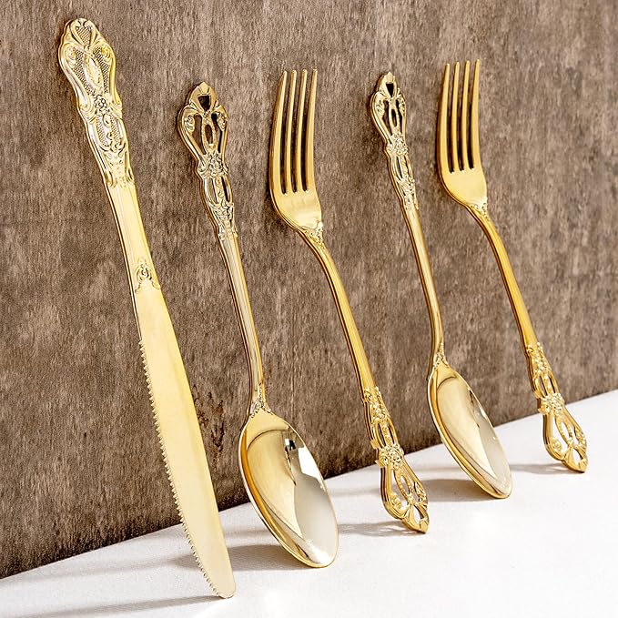 40PCS Gold Plastic Silverware - Heavy Duty Elegant Disposable Utensils - Gold Plastic Cutlery Set Includes 20 Forks, 10 Spoons, 10 Knives for Dinner, Parties, Weddings (Pack of 2)