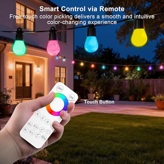 Outdoor String Lights 118FT Smart Patio Lights with Remote &APP Control, 36 LED Bulbs RGB IC Warm White, IP65 Waterproof Color Changing for Christmas, Balcony, Gazebo,Garden, Party, Holiday Decor