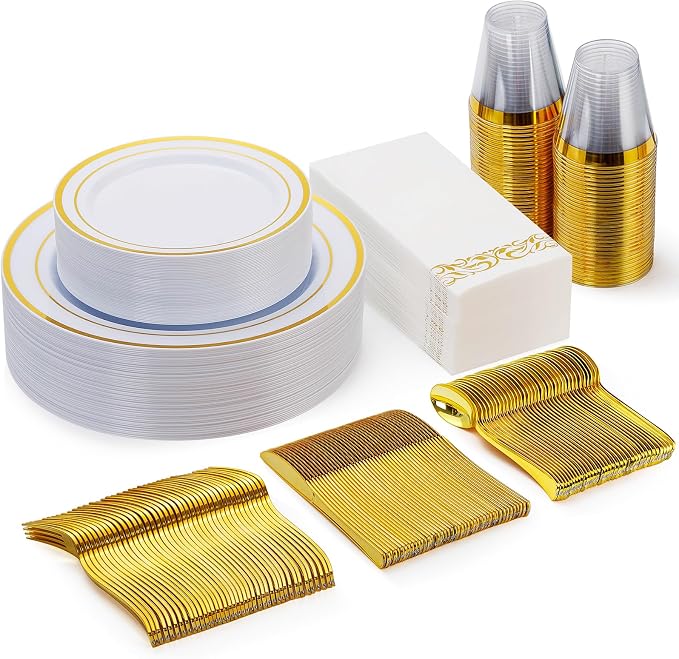 Goodluck 175 Pcs Gold Dinnerware Sets for 25 Guests, Disposable Plate Sets | Plastic Plates for Party, Include: 25 Dinner Plates, 25 Dessert Plates, 25 Paper Napkins, 25 Cups, 25 Gold Silverware Set by GoodLuck