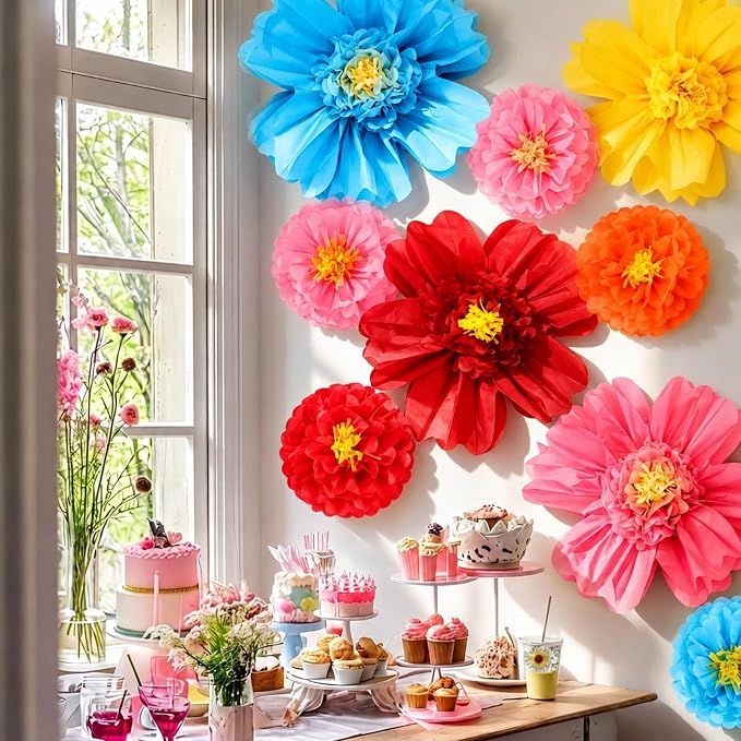 Crowye 12 Pcs Large Tissue Paper Flower Decor,10'' 20'',Cute Color | Giant Craft Crepe Paper Flower, Colorful, for Wall Decorations Backdrop Mexican Wedding Birthday Carnival School Party by Crowye