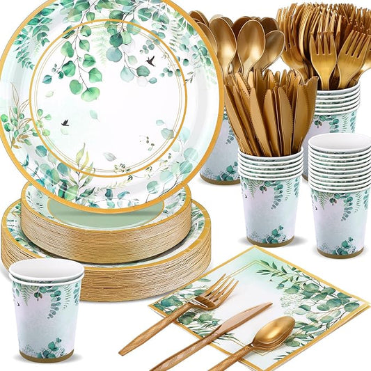 Ziliny 350 Pcs Sage Green Party Supplies Serves 50 Disposable Eucalyptus Paper Plates Napkins Cups Plastic Cutlery Tableware Set for Wedding Birthday Bridal Shower Tea Party Decoration by Ziliny