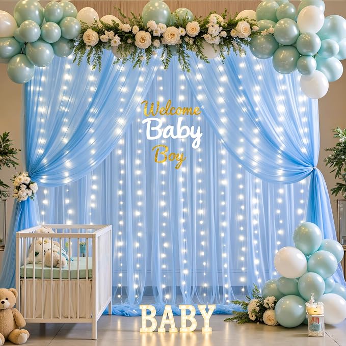 Baby Blue Sheer Tulle Backdrop Curtains with Lights String for Parties Baby Shower Decorations for Boy Bridal Shower Birthday Party Photo Shoot Background Wall Decorations 10×8ft(2 Panels 5×8ft) - Image 5