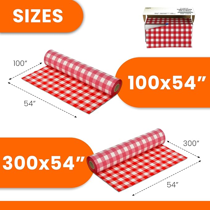LEMON + Co. Red Gingham Premium Plastic Tablecloth Roll - 54" x300' for Parties with Cutter Box - Cut to Size Rectangle & Round Disposable Tablecloth Plastic Table Cover - Image 5