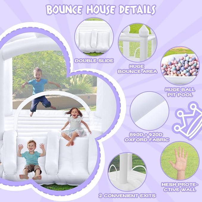White Bounce House, Inflatable Bounce Castle with Double Slide Ball Pit 370W Blower Bouncer for Toddler, Bounce House Bouncy Castle for Indoor Outdoor Backyard Wedding Kids Birthday Party