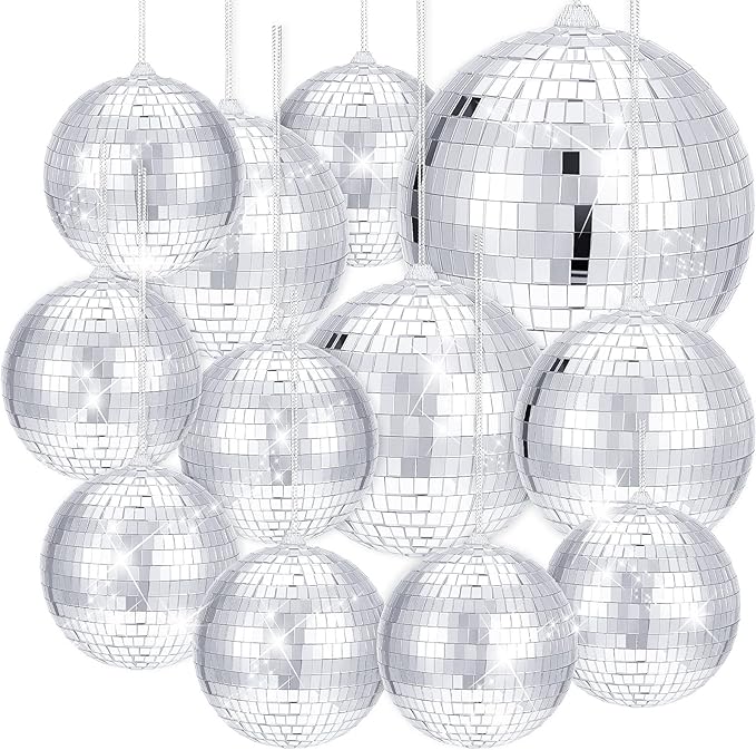 WILLBOND 12 Pack Disco Ball Mirror Ball with Hanging Ring for Fun Retro Disco Party Decorations Party Dj Lighting Effect Stage Props Game Accessories, 5.91", 3.94", 3.15", 2.36"(Silver)