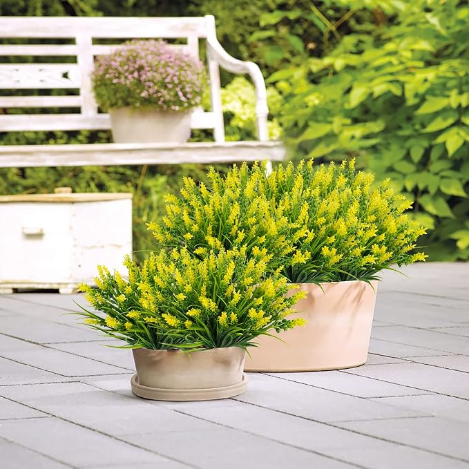 obbsie 12 Bundles Artificial Plants Outdoor, 18.2" UV Resistant Faux Monkey Grass Greenery Stems No Fade Faux Plastic Flowers Shrubs for Home Weddings Garden Porch Front Patio Office Decor - Yellow - Image 2
