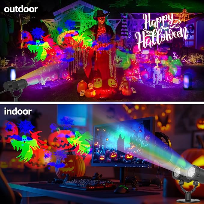 Christmas Decorations Lights Projector Outdoor Waterproof Dynamic with Glowing Spiders Bats Waterproof Double Head Halloween Projector Lights Holiday for Decoration Yard Wall Party