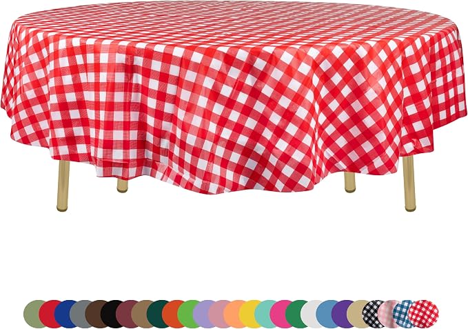 ZIMPLEWARE Red Gingham Checkered 1 Pack Standard Disposable Plastic Party Picnic Tablecloth 84" Inch Round Table Cover by Zimpleware