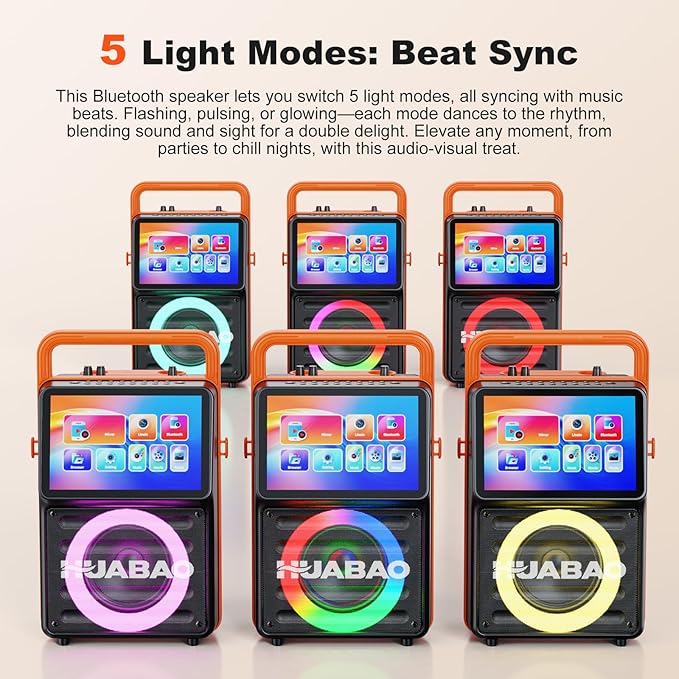 Karaoke Machine with 10.1” Built-in Screen, Bluetooth Speaker with Lyrics Display, Wireless Screen Mirroring for iOS & Android, PA System with Lights, 2 Rechargeable Mics, 5400mAh, Perfect for Parties