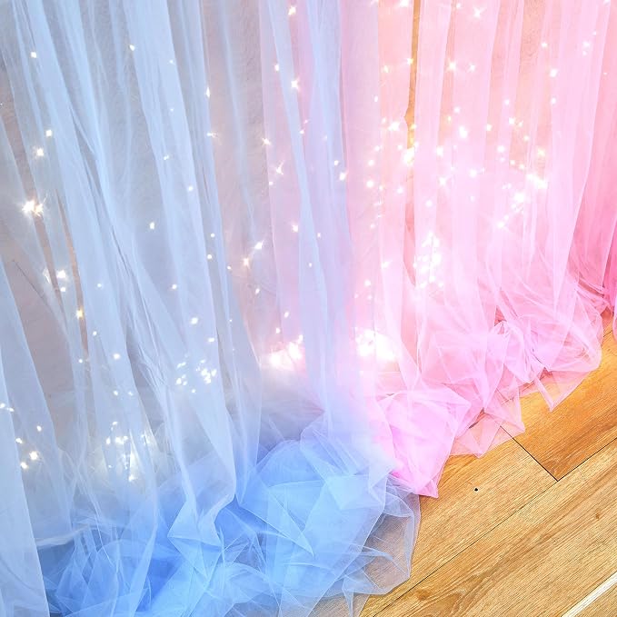 Pink Blue Sheer Tulle Backdrop Curtains with Lights String for Gender Reveal Baby Shower Decorations for Boy or Girl Birthday Party Photo Shoot Backdrop Background Decorations 2 Panels 5×8ft - Image 6