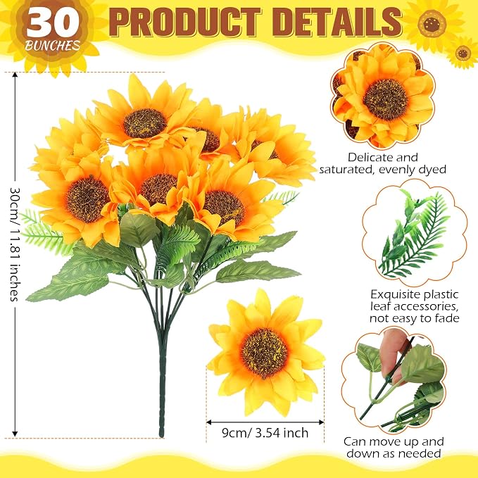 Roshtia 30 Bunches Sunflower Artificial Flowers, Each with 7 Heads, 11.8'' High Bride Holding Silk Bouquet Sunflower Decor Centerpieces for Tables Party Wedding Home Decor Craft - Image 2