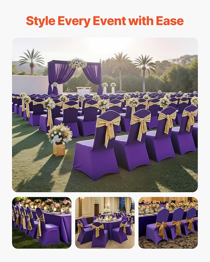 VEVOR Chair Covers, Polyester Spandex Chair Cover, Stretch Slipcovers for Wedding Party Dining Banquet Flat-Front Chair Covers (Purple-a, 50PCS) - Image 2