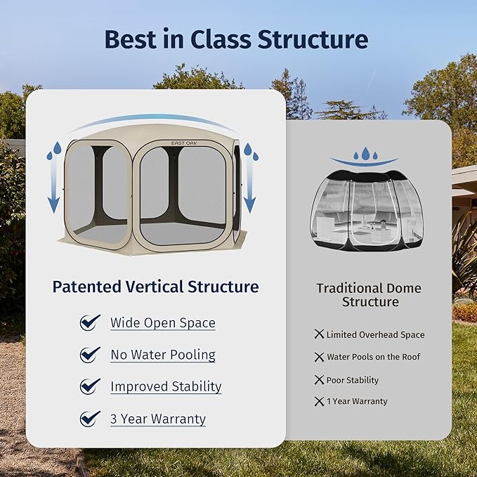 East Oak Screen House Tent Pop-Up, Portable Screen Room Canopy Instant Screen Tent 10 x 10 FT with Carry Bag for Patio, Backyard, Deck & Outdoor Activities, Beige