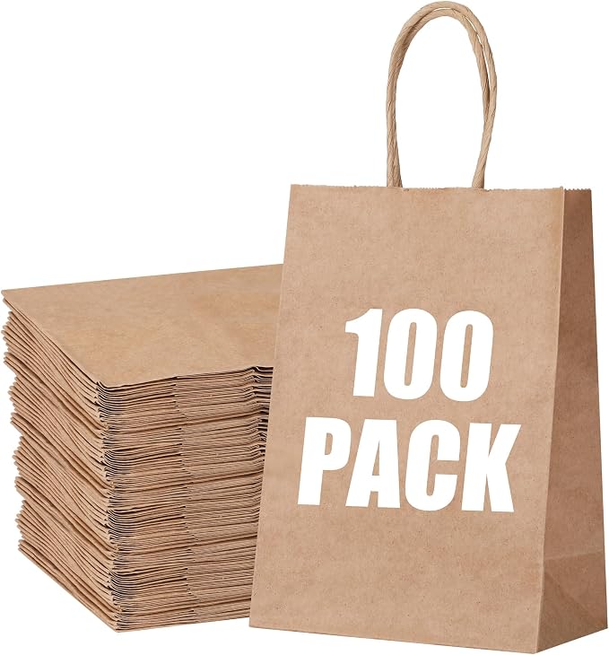 STOBOCTER 100Pcs Paper Gift Bags, 5.9"x3.15"x8.25" Gift Wrap Bags with Handles, Brown Kraft Paper Bags for Small Business, Paper Bags Bulk for Birthday Party Favors, Shopping, Grocery, Retail, Craft by Unknown