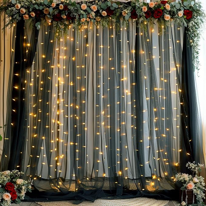 Black Sheer Backdrop Curtains with Lights String for Parties Birthday 10ft × 8ft Black Tulle Backdrop Curtain for Baby Shower Wedding Graduation Halloween Party Photo Shoot Decorations by Suppromo