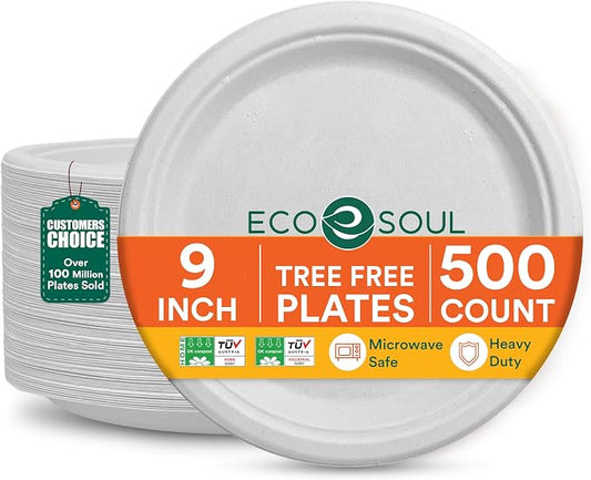 ECO SOUL Compostable Paper Plates 9 Inch, 500 Pack – Heavy Duty Disposable Dinner Paper Plates, White Bagasse, Leak-Resistant, Microwave Safe, Eco-Friendly Round Plates for Parties & Catering by ECOSOUL