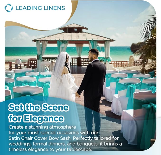 Leading Linens 50 pcs Turquoise 108"x8" Satin Bow Sash Chair Cover Decor | Elegant satin chair bow sashes, perfect for weddings, receptions, banquets, & parties. Reusable & washable. - Image 3