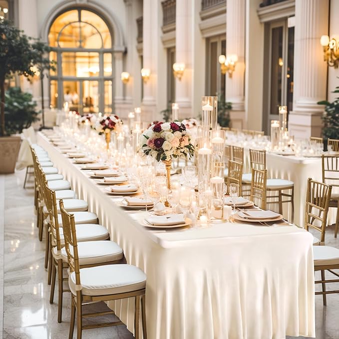 4 Packs Ivory Table Clothes for 8 Foot Rectangle Tables, One-Piece Wrinkle Resistant Stretch Spandex Table Covers with Skirt for Event Banquet Wedding Birthday Party - Image 6