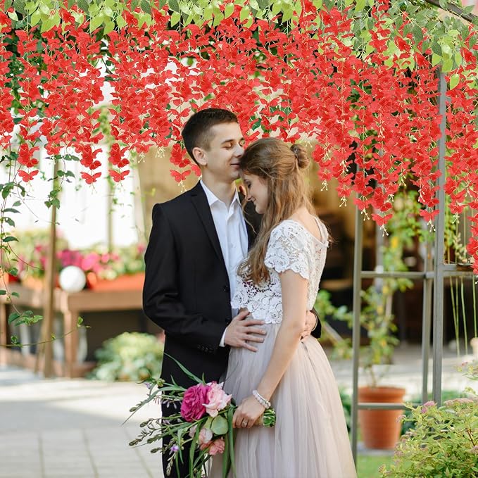 U'Artlines 24 Pack (Total 86.4 Feet) Artificial Fake Wisteria Vine Rattan Hanging Garland Silk Flowers String Home Party Wedding Decor (24, Red) - Image 6